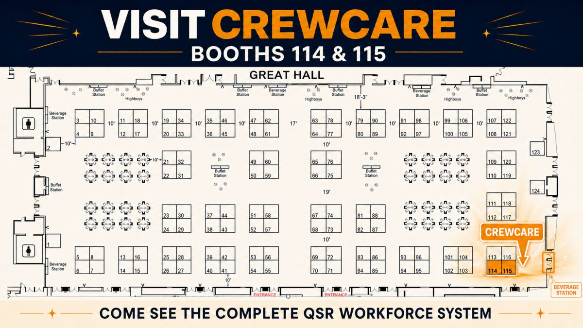 NFLA Great Hall booth map showing CrewCare booths 114 and 115
